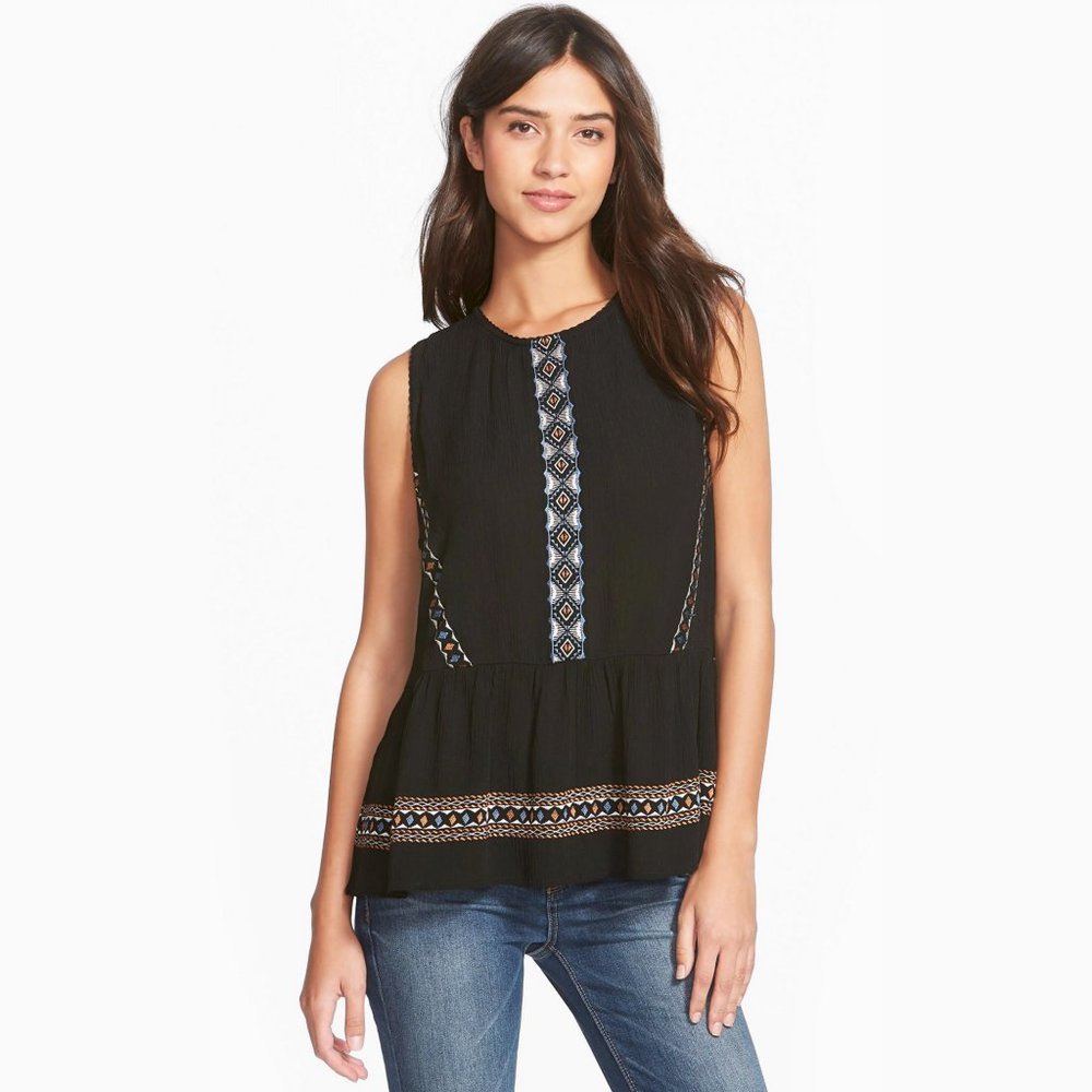 Chloe & Katie Chloe K Black Mosaic Embroidered Gauzy Textured Peplum Tank Top